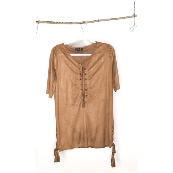 Pol Faux Suede Drawstring Top In Camel - Picture 5 of 8